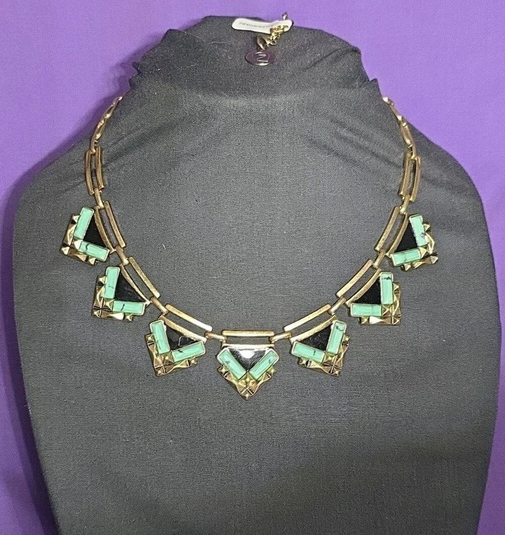 Egyptian Style Statement Necklace Gold Tone Brass Faux Turquoise Chevron Links